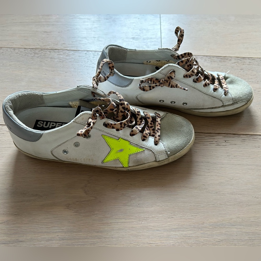 Golden Goose White Low-Top Sneakers with Neon Yellow Star and Leopard Laces